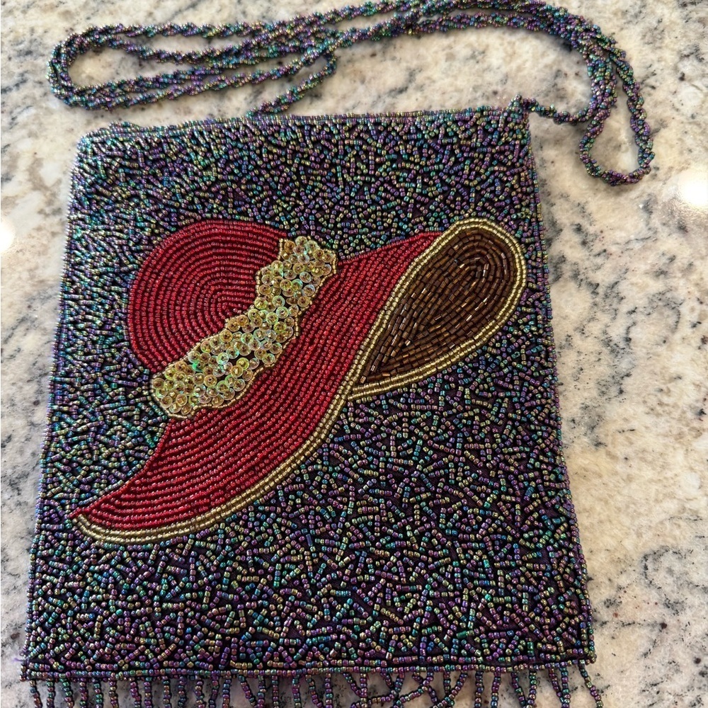 Design By Asly Glass Beaded Purse Floppy Red Hat Sequined Strap Art Deco 7  X 8